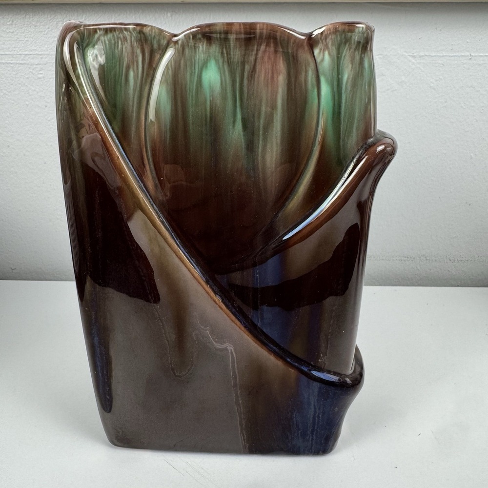 VTG Royal Haeger USA Pottery R651 Green Brown Tulip Rectangle Drip Glaze Vase